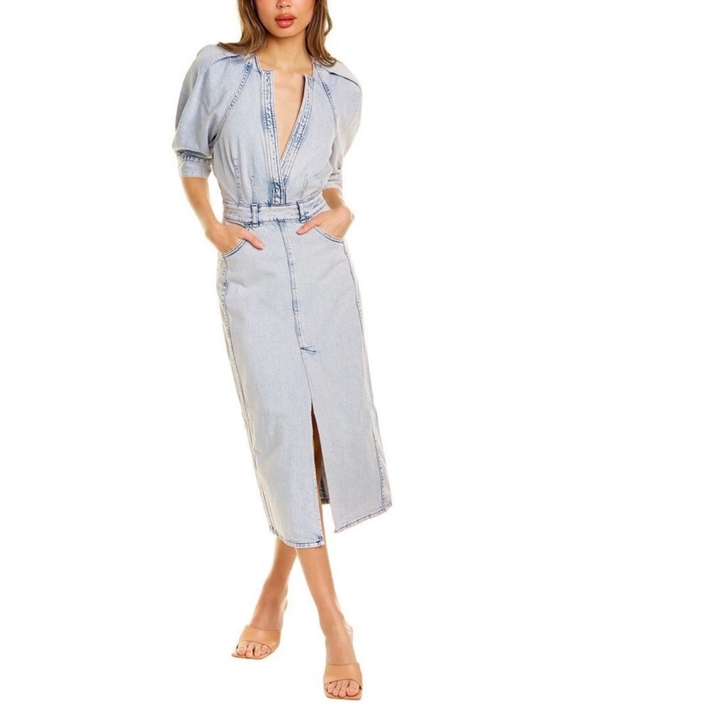 NWT IRO Alysu Denim Midi Dress Puff Sleeve V Neck Pockets Sz 40 L US 8